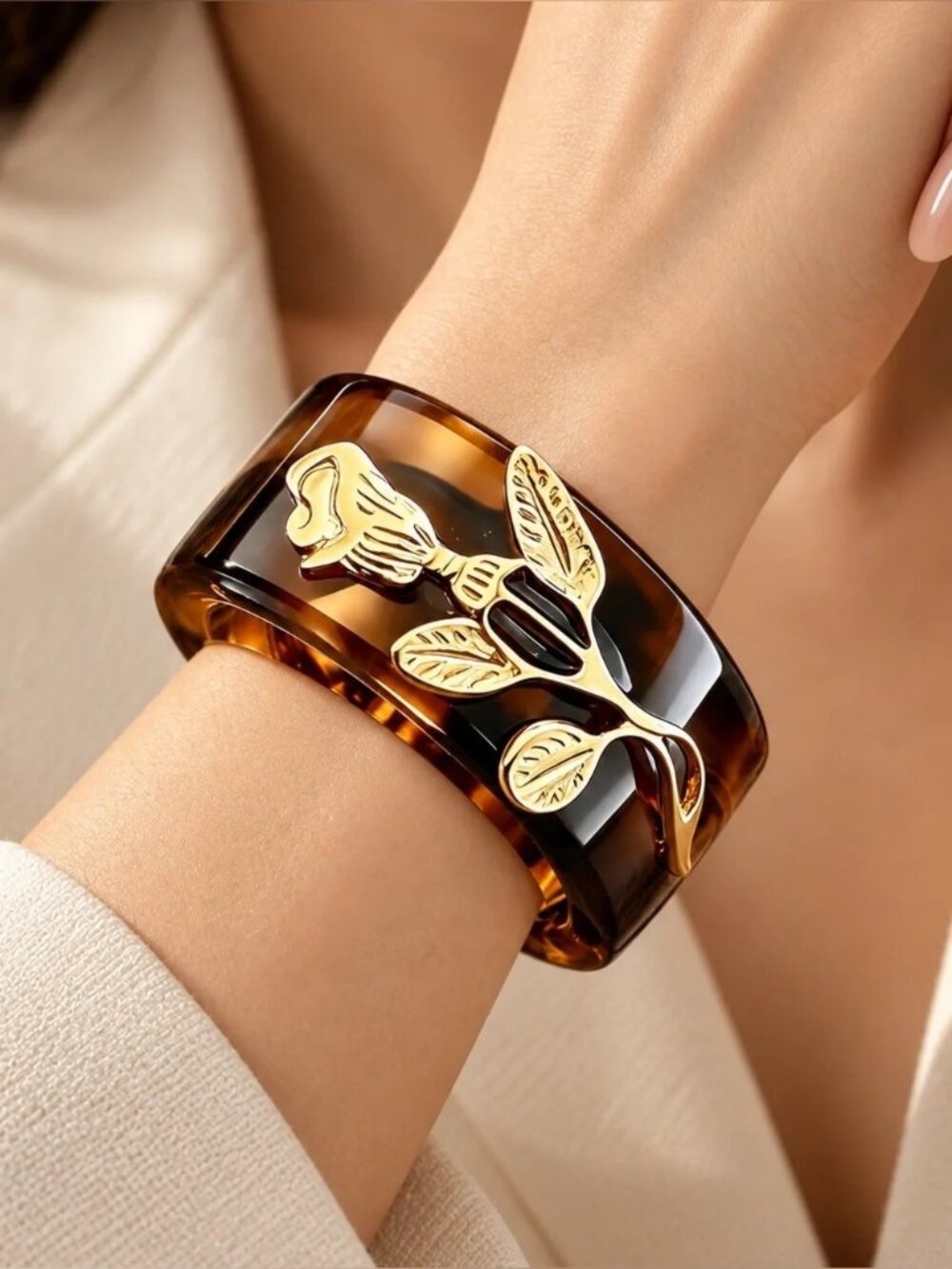 Cuff Bracelet Brown with Gold Rose Accent